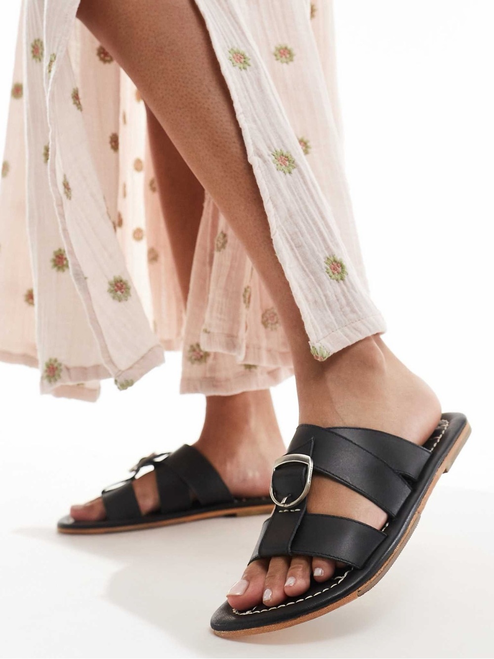 Free People Sloan Buckle Slide Sandals - Black Leather Slip On—Size 7.5 & 9 NWT